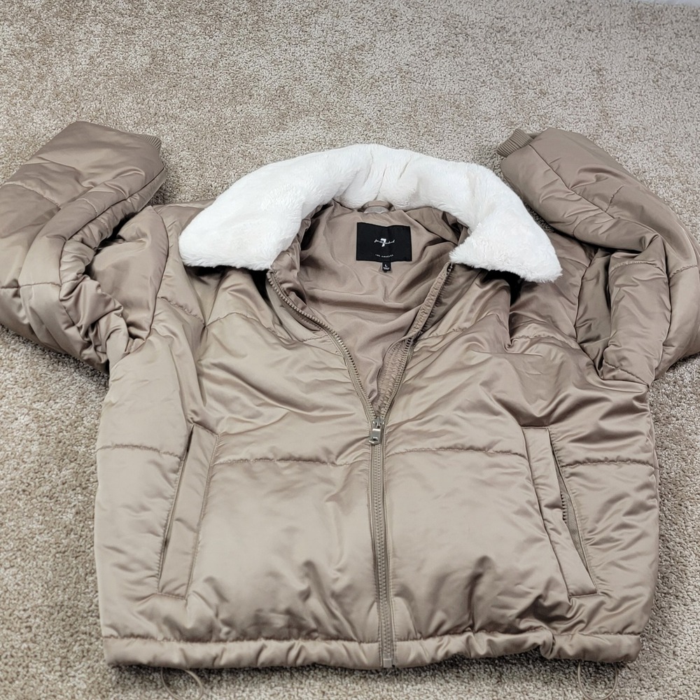 7 For All Mankind Womens Puffer Jacket Beige Faux Fur Collar Zip Front Sz Large